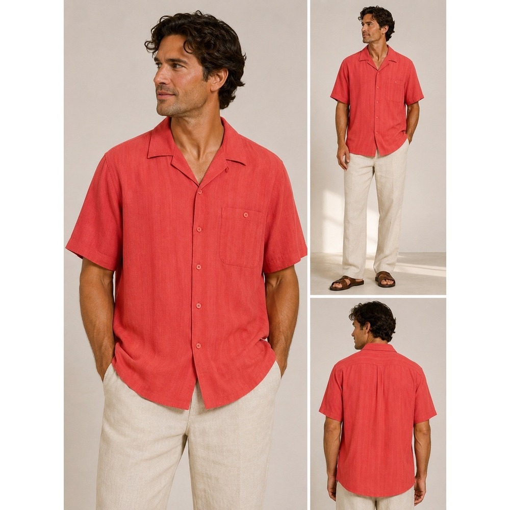 Tulliano Mens Medium Coral 100% Silk Short Sleeve Camp Shirt Jacquard RN 76191 B